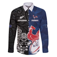 France And New Zealand Rugby Custom Family Matching Off Shoulder Short Dress and Hawaiian Shirt Les Bleus Rooster With Maori Tiki LT05 Dad's Shirt - Long Sleeve Black - Polynesian Pride