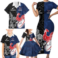 France And New Zealand Rugby Custom Family Matching Short Sleeve Bodycon Dress and Hawaiian Shirt Les Bleus Rooster With Maori Tiki LT05 - Polynesian Pride
