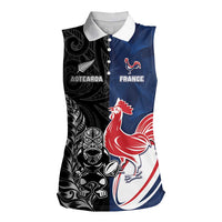 France And New Zealand Rugby Custom Women Sleeveless Polo Shirt Les Bleus Rooster With Maori Tiki LT05 Female Black - Polynesian Pride
