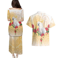 New Zealand Aotearoa Cockatoo Couples Matching Puletasi and Hawaiian Shirt Maori Pattern With Pohutukawa Flowers LT05 - Polynesian Pride