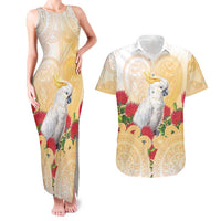 New Zealand Aotearoa Cockatoo Couples Matching Tank Maxi Dress and Hawaiian Shirt Maori Pattern With Pohutukawa Flowers LT05 Beige - Polynesian Pride