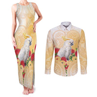 New Zealand Aotearoa Cockatoo Couples Matching Tank Maxi Dress and Long Sleeve Button Shirt Maori Pattern With Pohutukawa Flowers LT05 Beige - Polynesian Pride