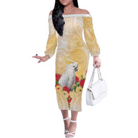 New Zealand Aotearoa Cockatoo Family Matching Off The Shoulder Long Sleeve Dress and Hawaiian Shirt Maori Pattern With Pohutukawa Flowers LT05 Mom's Dress Beige - Polynesian Pride