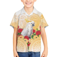 New Zealand Aotearoa Cockatoo Family Matching Puletasi and Hawaiian Shirt Maori Pattern With Pohutukawa Flowers LT05 Son's Shirt Beige - Polynesian Pride