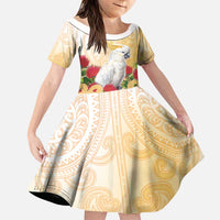 New Zealand Aotearoa Cockatoo Family Matching Short Sleeve Bodycon Dress and Hawaiian Shirt Maori Pattern With Pohutukawa Flowers LT05 Daughter's Dress Beige - Polynesian Pride