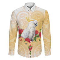 New Zealand Aotearoa Cockatoo Family Matching Summer Maxi Dress and Hawaiian Shirt Maori Pattern With Pohutukawa Flowers LT05 Dad's Shirt - Long Sleeve Beige - Polynesian Pride
