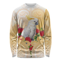 New Zealand Aotearoa Cockatoo Long Sleeve Shirt Maori Pattern With Pohutukawa Flowers LT05 Unisex Beige - Polynesian Pride
