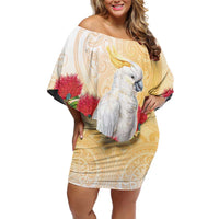 New Zealand Aotearoa Cockatoo Off Shoulder Short Dress Maori Pattern With Pohutukawa Flowers