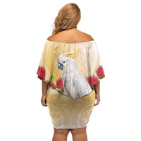 New Zealand Aotearoa Cockatoo Off Shoulder Short Dress Maori Pattern With Pohutukawa Flowers