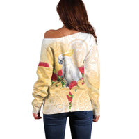 New Zealand Aotearoa Cockatoo Off Shoulder Sweater Maori Pattern With Pohutukawa Flowers