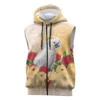 New Zealand Aotearoa Cockatoo Sleeveless Zip Hoodie Maori Pattern With Pohutukawa Flowers LT05 Beige - Polynesian Pride
