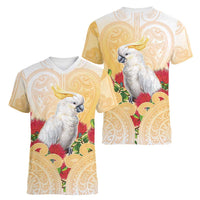 New Zealand Aotearoa Cockatoo Women V-Neck T-Shirt Maori Pattern With Pohutukawa Flowers LT05 - Polynesian Pride
