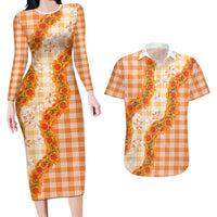 Orange Hawaii Palaka Couples Matching Long Sleeve Bodycon Dress and Hawaiian Shirt Hawaiian Ilima Lei