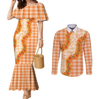 Orange Hawaii Palaka Couples Matching Mermaid Dress and Long Sleeve Button Shirt Hawaiian Ilima Lei LT05 Orange - Polynesian Pride