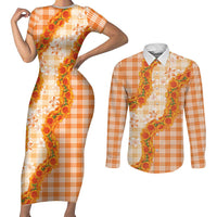 Orange Hawaii Palaka Couples Matching Short Sleeve Bodycon Dress and Long Sleeve Button Shirt Hawaiian Ilima Lei