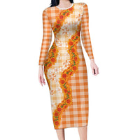 Orange Hawaii Palaka Family Matching Long Sleeve Bodycon Dress and Hawaiian Shirt Hawaiian Ilima Lei LT05 Mom's Dress Orange - Polynesian Pride