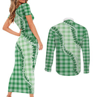 Green Hawaii Palaka Couples Matching Short Sleeve Bodycon Dress and Long Sleeve Button Shirt Hawaiian Pikake Lei