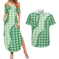 Green Hawaii Palaka Couples Matching Summer Maxi Dress and Hawaiian Shirt Hawaiian Pikake Lei
