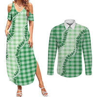 Green Hawaii Palaka Couples Matching Summer Maxi Dress and Long Sleeve Button Shirt Hawaiian Pikake Lei