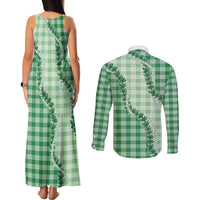 Green Hawaii Palaka Couples Matching Tank Maxi Dress and Long Sleeve Button Shirt Hawaiian Pikake Lei