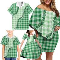 Green Hawaii Palaka Family Matching Off Shoulder Short Dress and Hawaiian Shirt Hawaiian Pikake Lei LT05 - Polynesian Pride