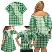 Green Hawaii Palaka Family Matching Off Shoulder Short Dress and Hawaiian Shirt Hawaiian Pikake Lei LT05 - Polynesian Pride