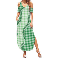Green Hawaii Palaka Family Matching Summer Maxi Dress and Hawaiian Shirt Hawaiian Pikake Lei LT05 Mom's Dress Green - Polynesian Pride