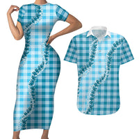 Blue Hawaii Palaka Couples Matching Short Sleeve Bodycon Dress and Hawaiian Shirt Hawaiian Pikake Lei