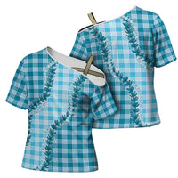 Blue Hawaii Palaka Cross Shoulder Shirt Hawaiian Pikake Lei