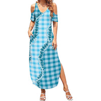Blue Hawaii Palaka Family Matching Summer Maxi Dress and Hawaiian Shirt Hawaiian Pikake Lei LT05 Mom's Dress Blue - Polynesian Pride