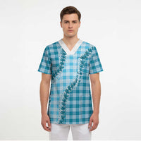 Blue Hawaii Palaka Scrub Top Hawaiian Pikake Lei