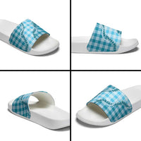 Blue Hawaii Palaka Slide Sandals Hawaiian Pikake Lei