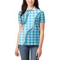 Blue Hawaii Palaka Women Polo Shirt Hawaiian Pikake Lei