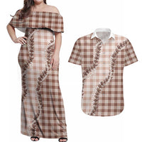 Beige Hawaii Palaka Couples Matching Off Shoulder Maxi Dress and Hawaiian Shirt Hawaiian Pikake Lei