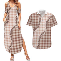 Beige Hawaii Palaka Couples Matching Summer Maxi Dress and Hawaiian Shirt Hawaiian Pikake Lei