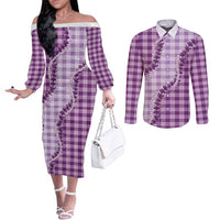 Violet Hawaii Palaka Couples Matching Off The Shoulder Long Sleeve Dress and Long Sleeve Button Shirt Hawaiian Pikake Lei