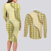 Yellow Hawaii Palaka Couples Matching Long Sleeve Bodycon Dress and Long Sleeve Button Shirt Hawaiian Pikake Lei