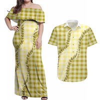 Yellow Hawaii Palaka Couples Matching Off Shoulder Maxi Dress and Hawaiian Shirt Hawaiian Pikake Lei
