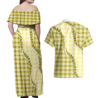 Yellow Hawaii Palaka Couples Matching Off Shoulder Maxi Dress and Hawaiian Shirt Hawaiian Pikake Lei