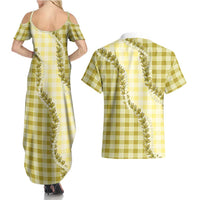 Yellow Hawaii Palaka Couples Matching Summer Maxi Dress and Hawaiian Shirt Hawaiian Pikake Lei