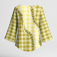 Yellow Hawaii Palaka Kimono Sleeve Blouse Hawaiian Pikake Lei