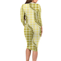 Yellow Hawaii Palaka Long Sleeve Bodycon Dress Hawaiian Pikake Lei