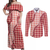 Red Hawaii Palaka Couples Matching Off Shoulder Maxi Dress and Long Sleeve Button Shirt Hawaiian Pikake Lei