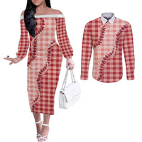 Red Hawaii Palaka Couples Matching Off The Shoulder Long Sleeve Dress and Long Sleeve Button Shirt Hawaiian Pikake Lei