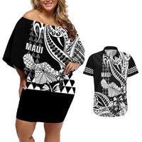 Hawaii Maui Upena Kiloi Couples Matching Off Shoulder Short Dress and Hawaiian Shirt Kakau Tribal Pattern Black Version