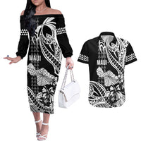 Hawaii Maui Upena Kiloi Couples Matching Off The Shoulder Long Sleeve Dress and Hawaiian Shirt Kakau Tribal Pattern Black Version