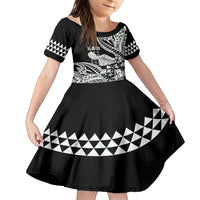 Hawaii Maui Upena Kiloi Family Matching Off Shoulder Short Dress and Hawaiian Shirt Kakau Tribal Pattern Black Version