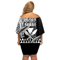 Hawaii Maui Upena Kiloi Family Matching Off Shoulder Short Dress and Hawaiian Shirt Kakau Tribal Pattern Black Version
