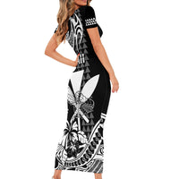 Hawaii Maui Upena Kiloi Short Sleeve Bodycon Dress Kakau Tribal Pattern Black Version