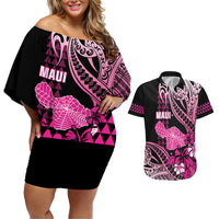 Hawaii Maui Upena Kiloi Couples Matching Off Shoulder Short Dress and Hawaiian Shirt Kakau Tribal Pattern Pink Version